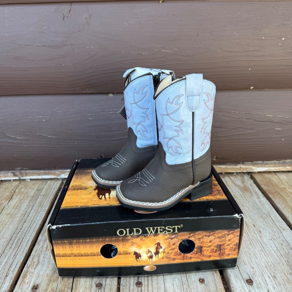 Old West Cowboy Boots Toddler Size 4.0 Brown Blue Western Stitching VB1068